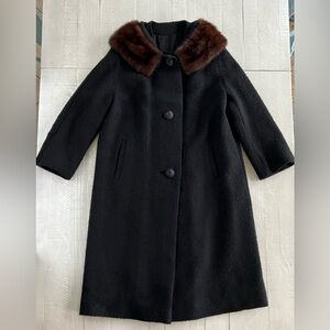 Vintage Brown Mink Collar Black Wool-blend Bouclé long PeaCoat in size XL